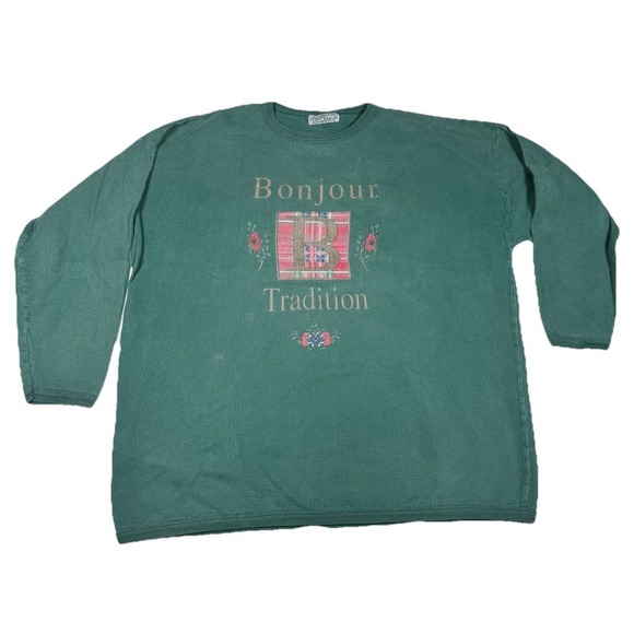 bonjour Tops - Vintage 90s Bonjour Tradition 22/24 Sweatshirt Plaid Distressed Green No Stretch